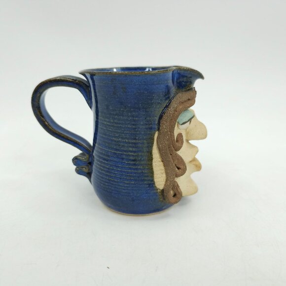 Funny Face Pitcher David Renfroe Pottery Vintage 1981 Blue Signed Ugly Face Mug - Picture 2 of 12